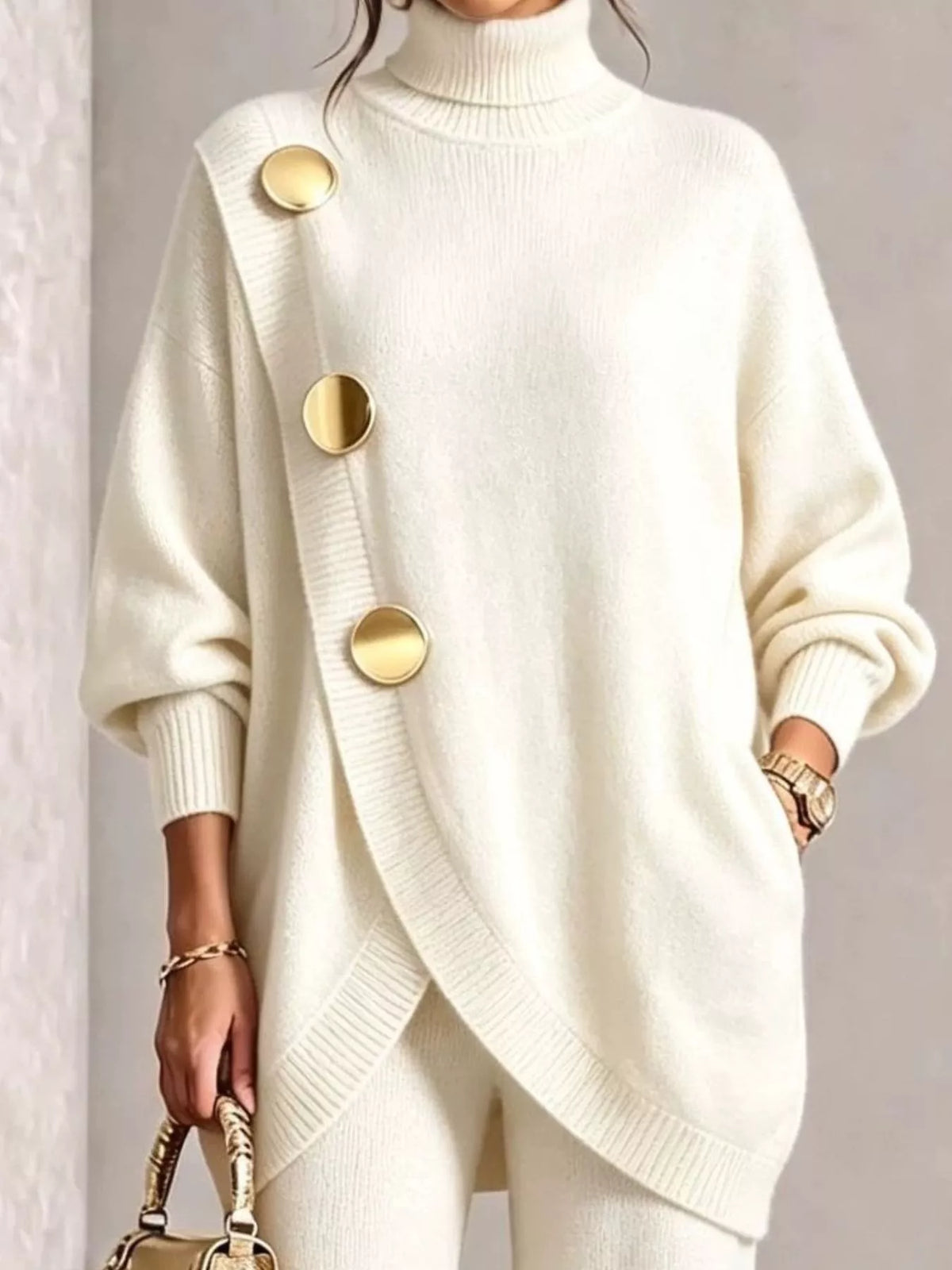 Full Size Elegant Turtleneck Asymmetric Button-Decorated Sweater and Pants Set Plus Size