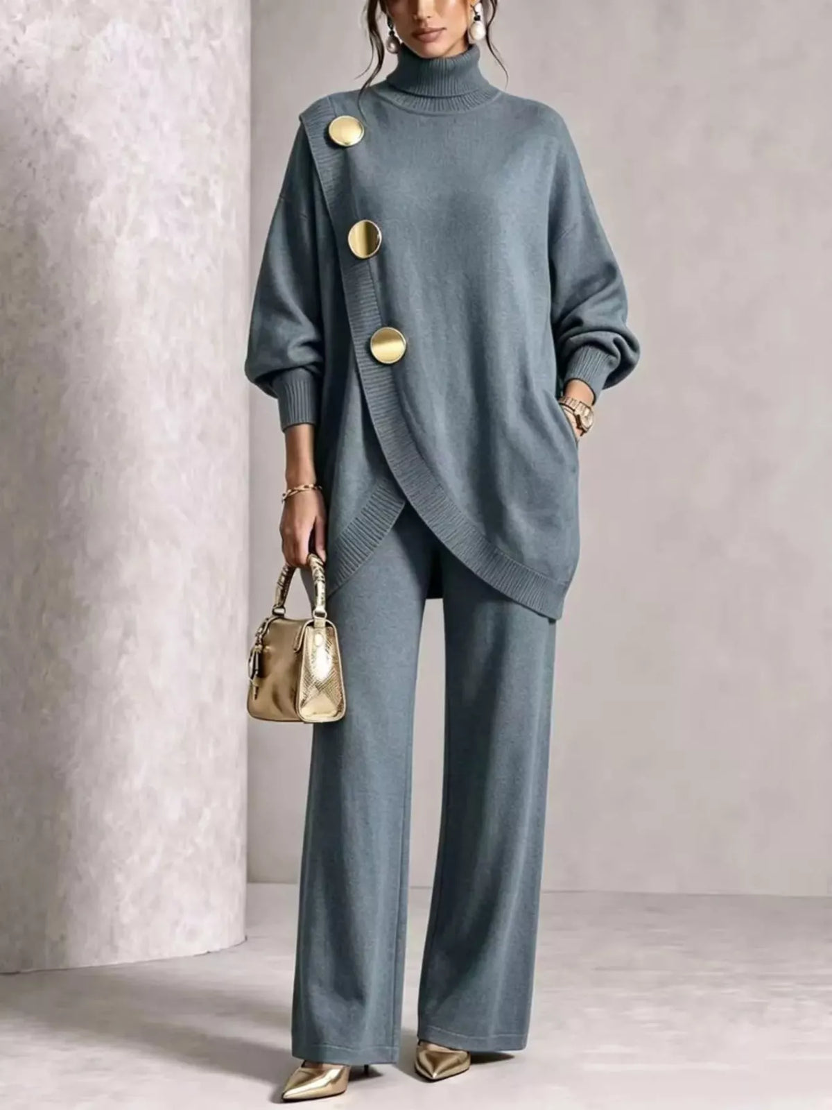 Full Size Elegant Turtleneck Asymmetric Button-Decorated Sweater and Pants Set Plus Size