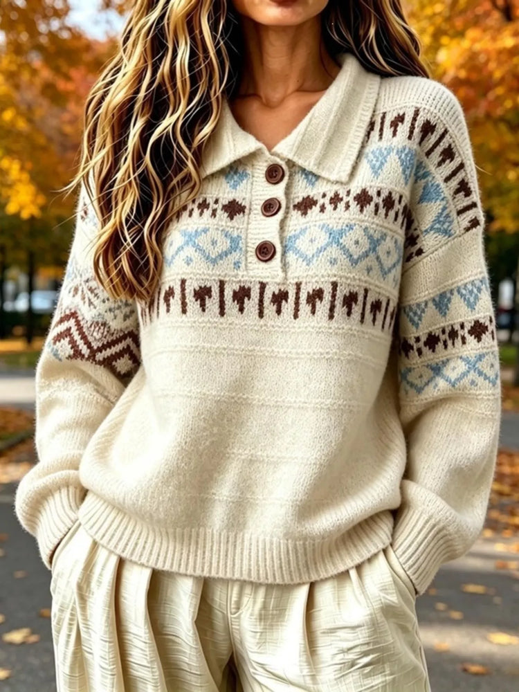 Full Size Vintage Fair Isle Pattern Polo Collar Sweater Plus Size