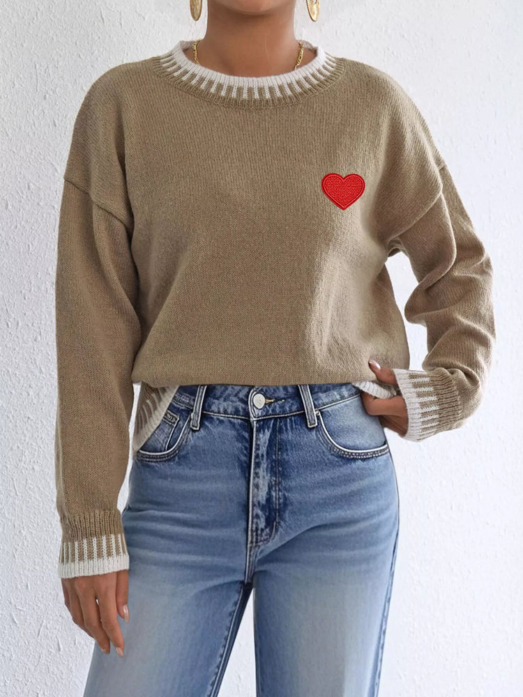 Heart-Embroidered Contrast Trim Sweater