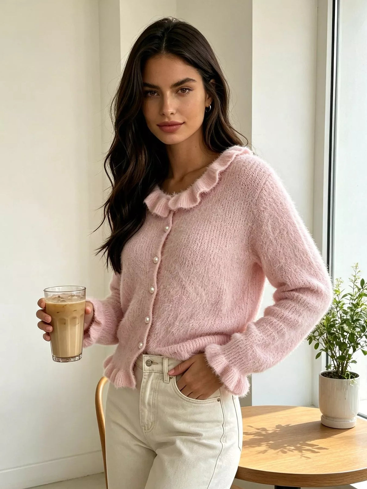 Soft Fuzzy Cardigan with Ruffled Collar and Pearl Buttons