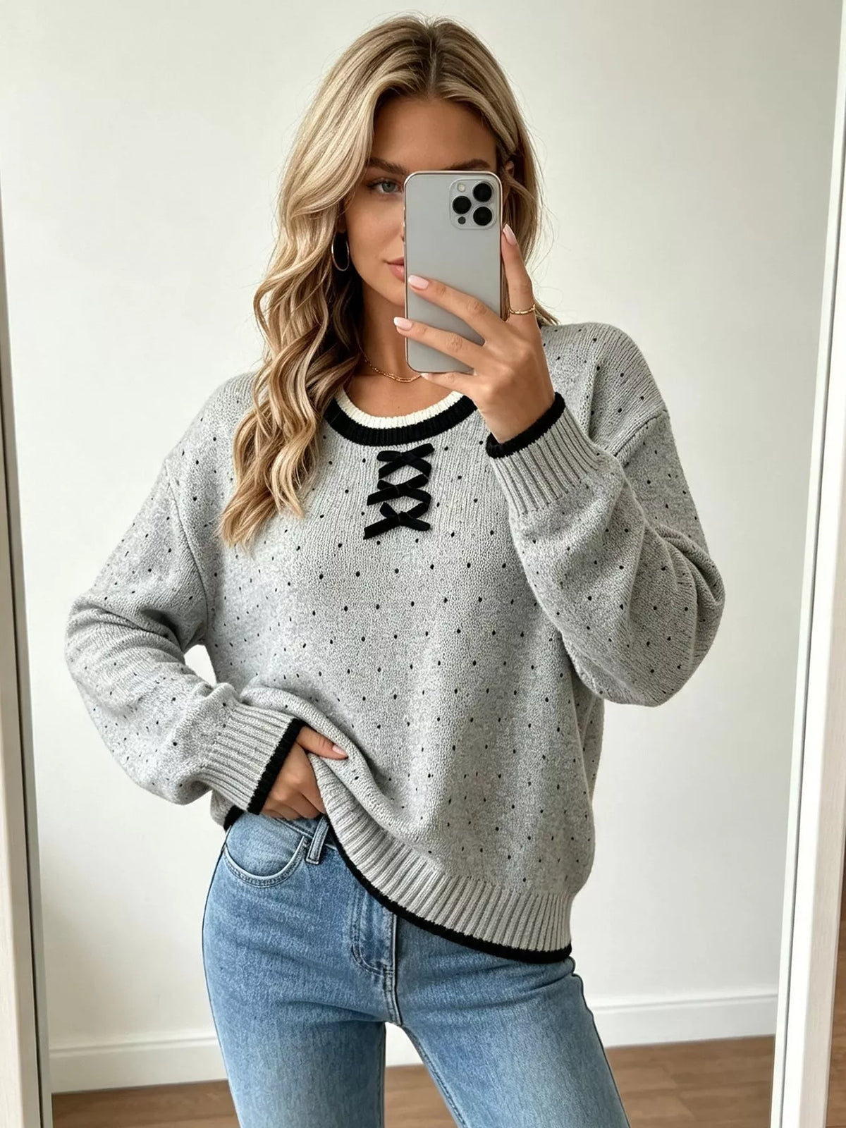 Polka Dot Lace-Up Detail Sweater