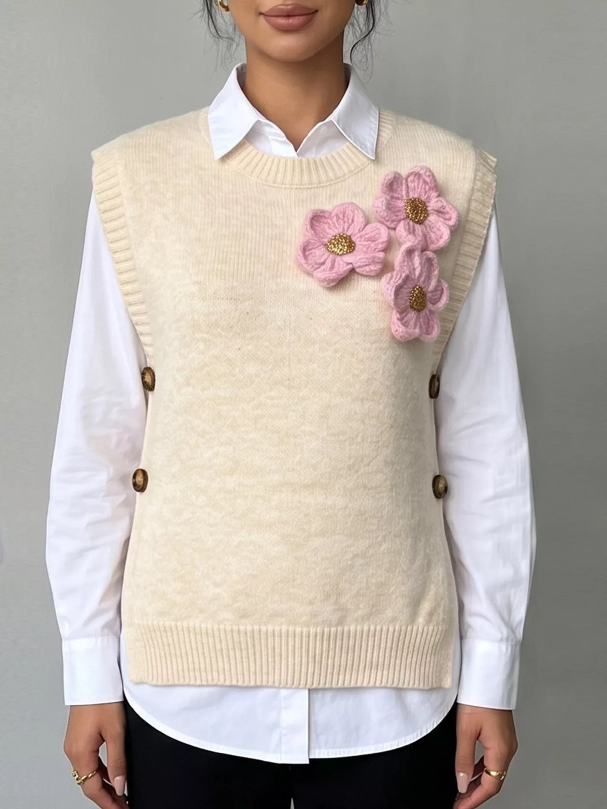Side Button Sweater Vest with 3D Floral Appliques