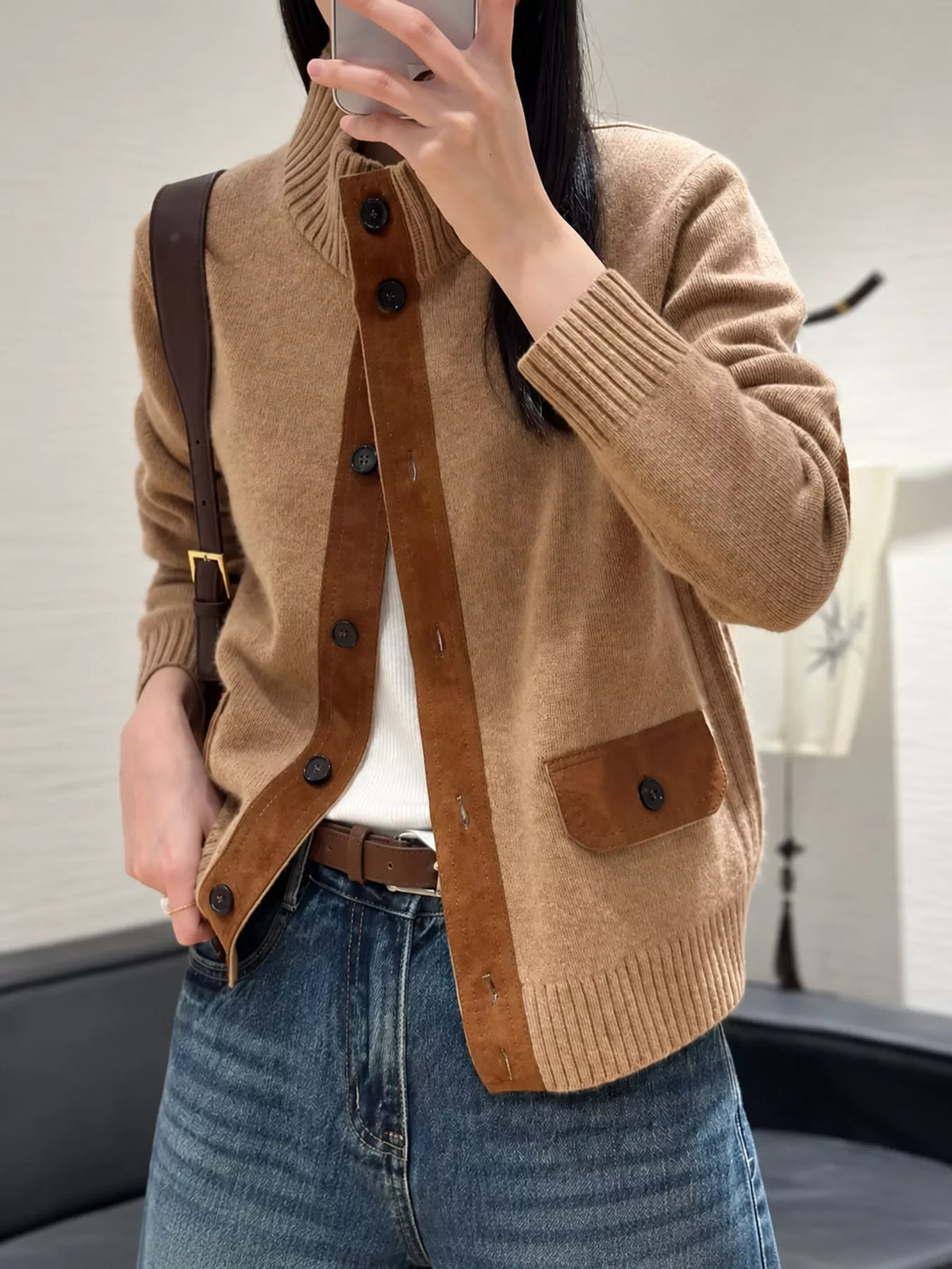 Ribbed-Knit Mock Neck Cardigan