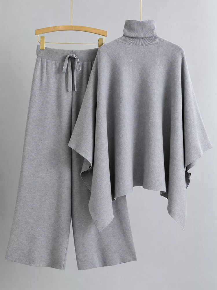 Elegant Turtleneck Poncho Sweater and Wide-Leg Knit Pants Set