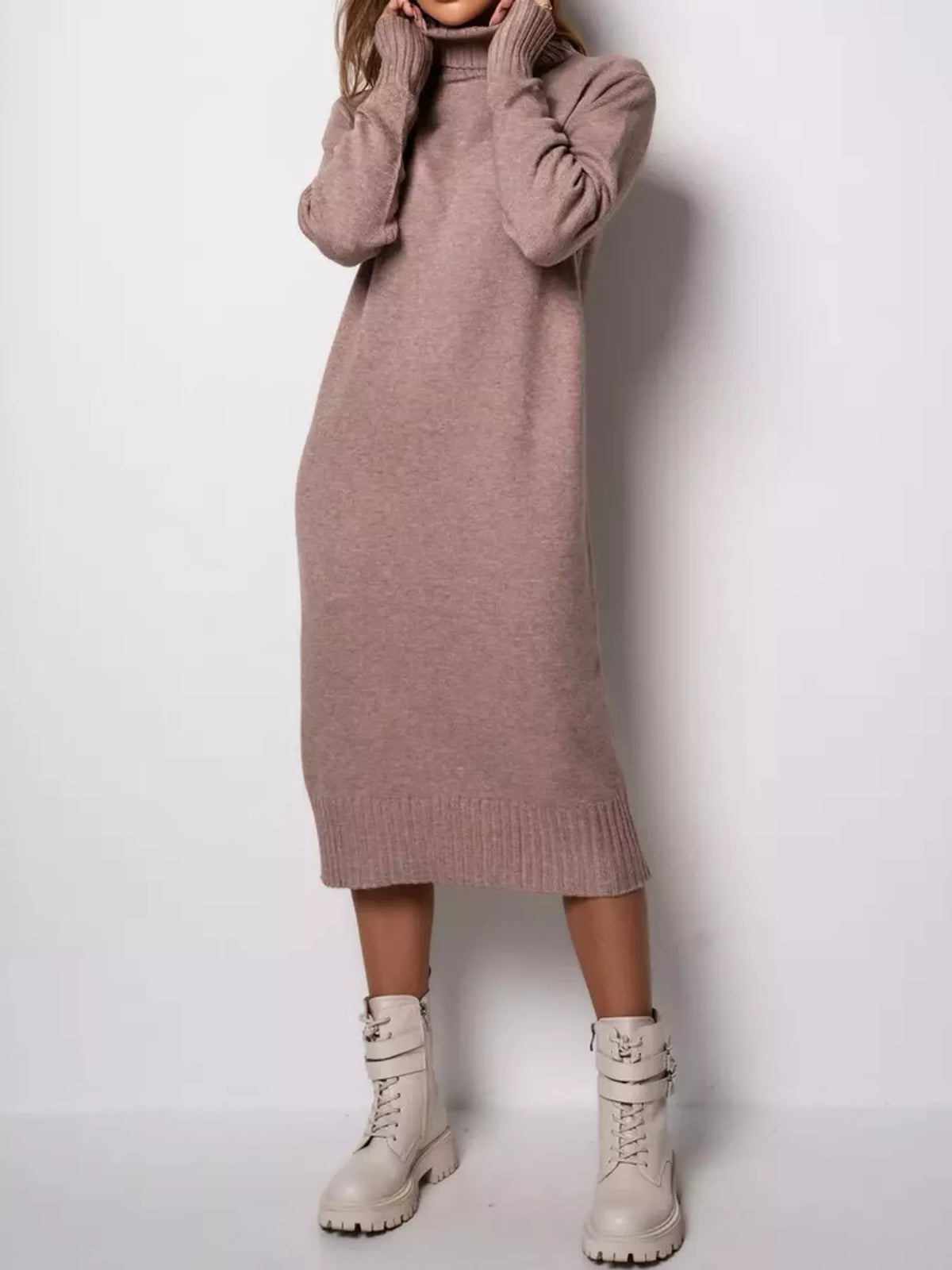Turtleneck Ribbed Knit Sweater Dress