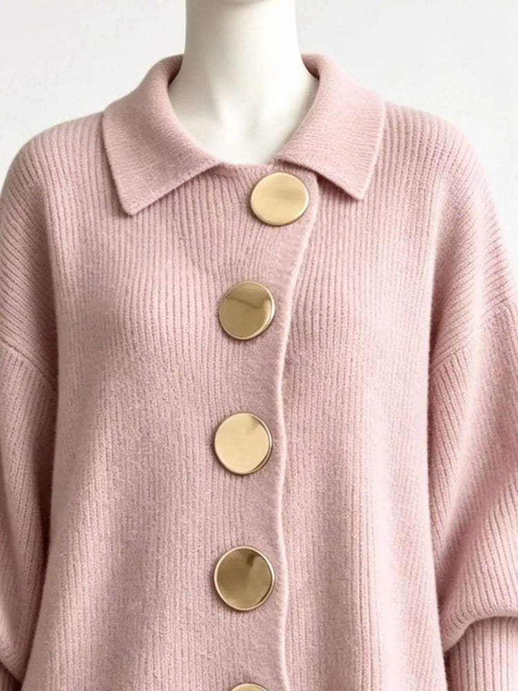 Full Size Collared Wavy Hem Knit Cardigan with Metal Button Plus Size