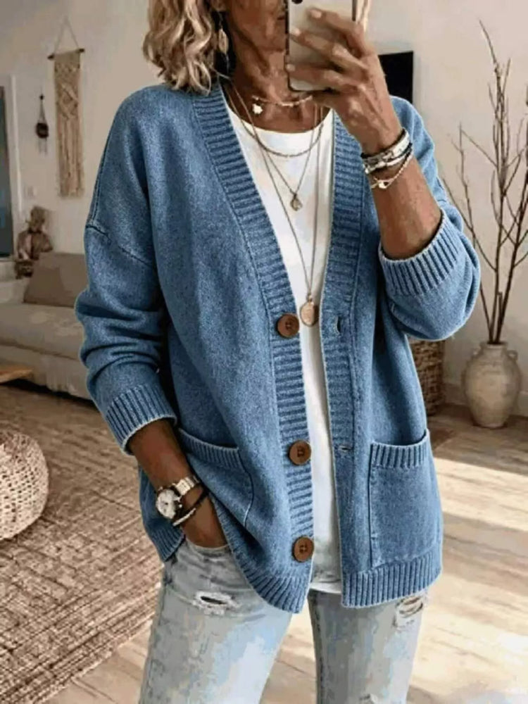 Casual V-Neck Button-Down Knit Cardigan with Pockets