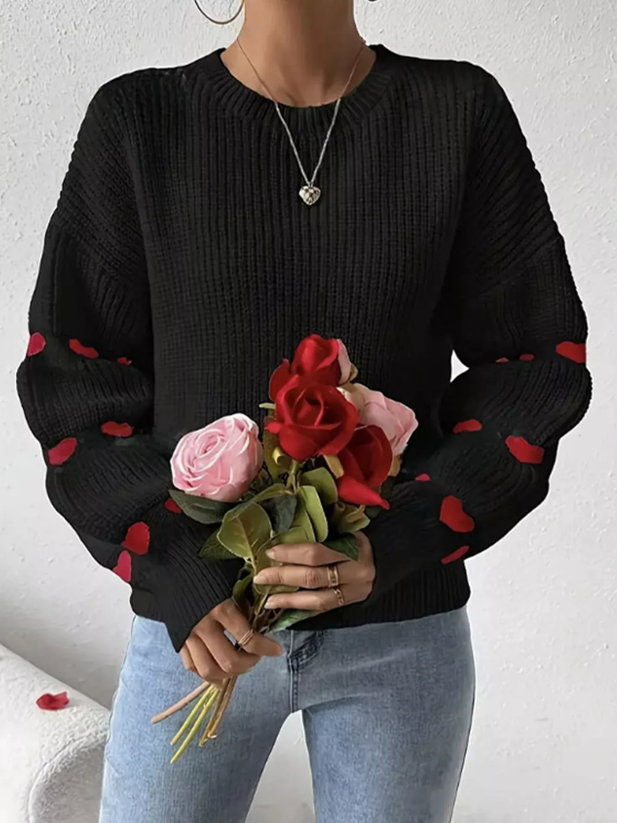 Heart Pattern Dropped Shoulder Sweater
