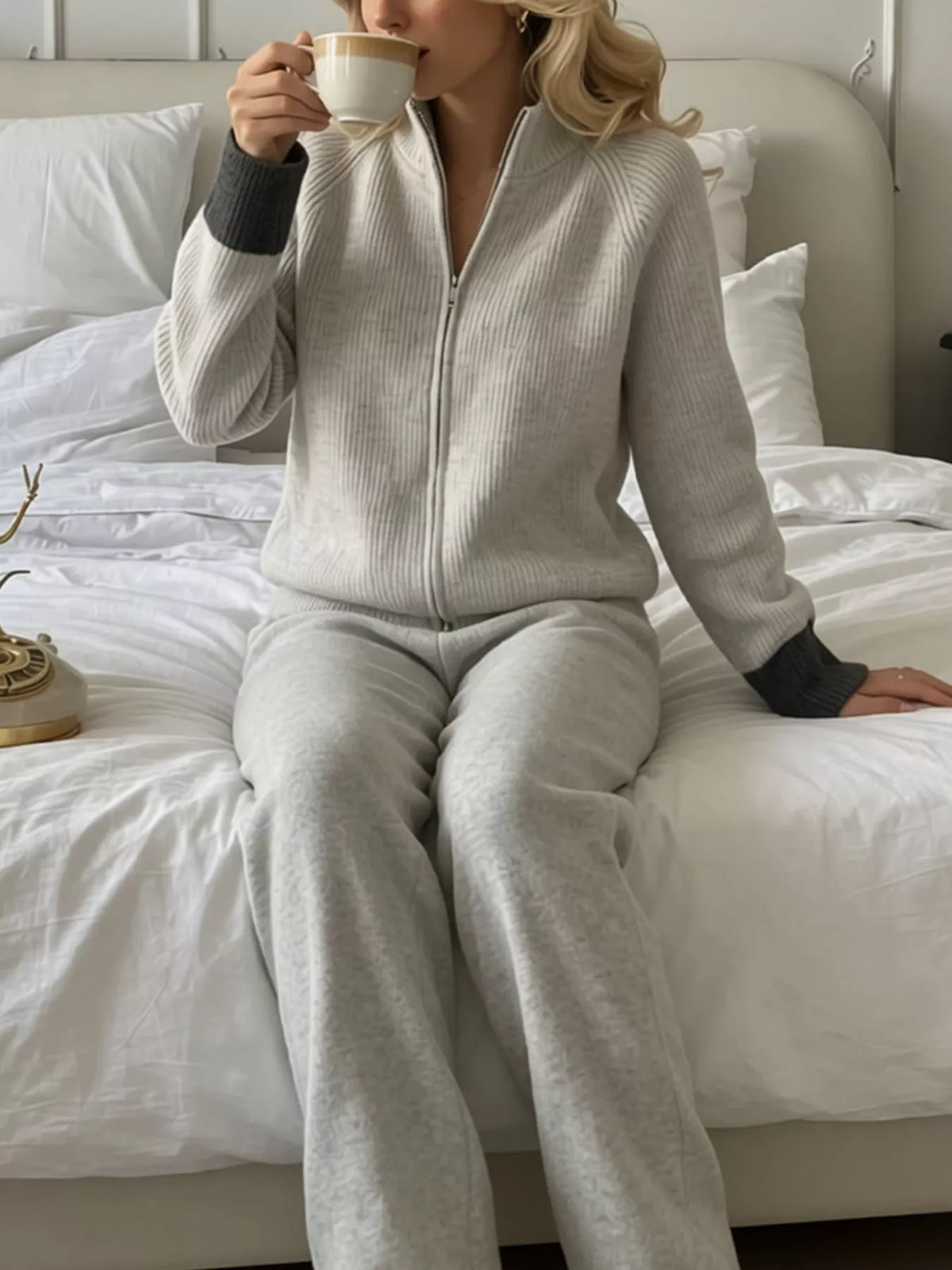 Zip-Up Contrast Cuff Cardigan and Pants Sweater Set