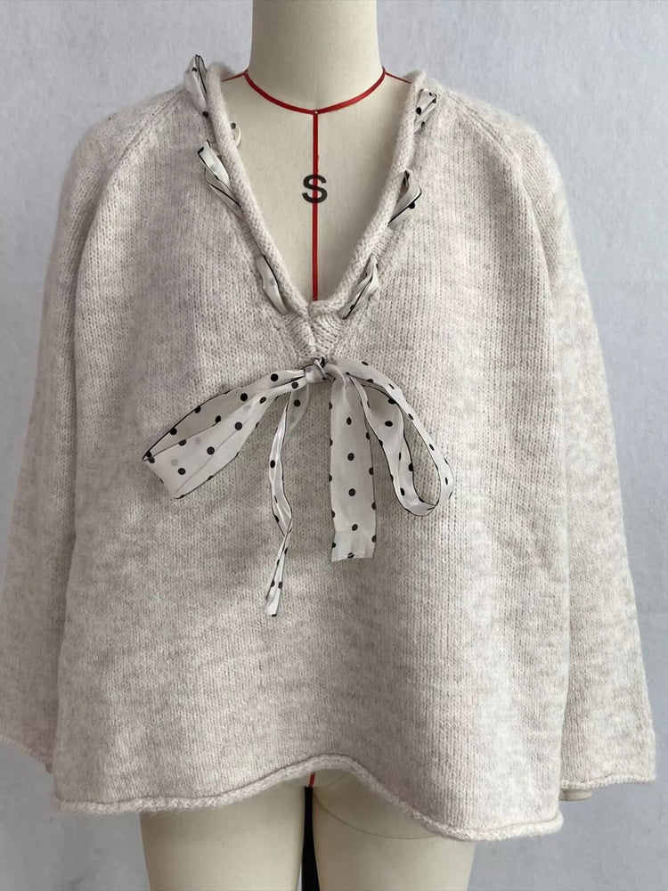 Chic V-Neck Sweater with Polka Dot Ribbon Tie