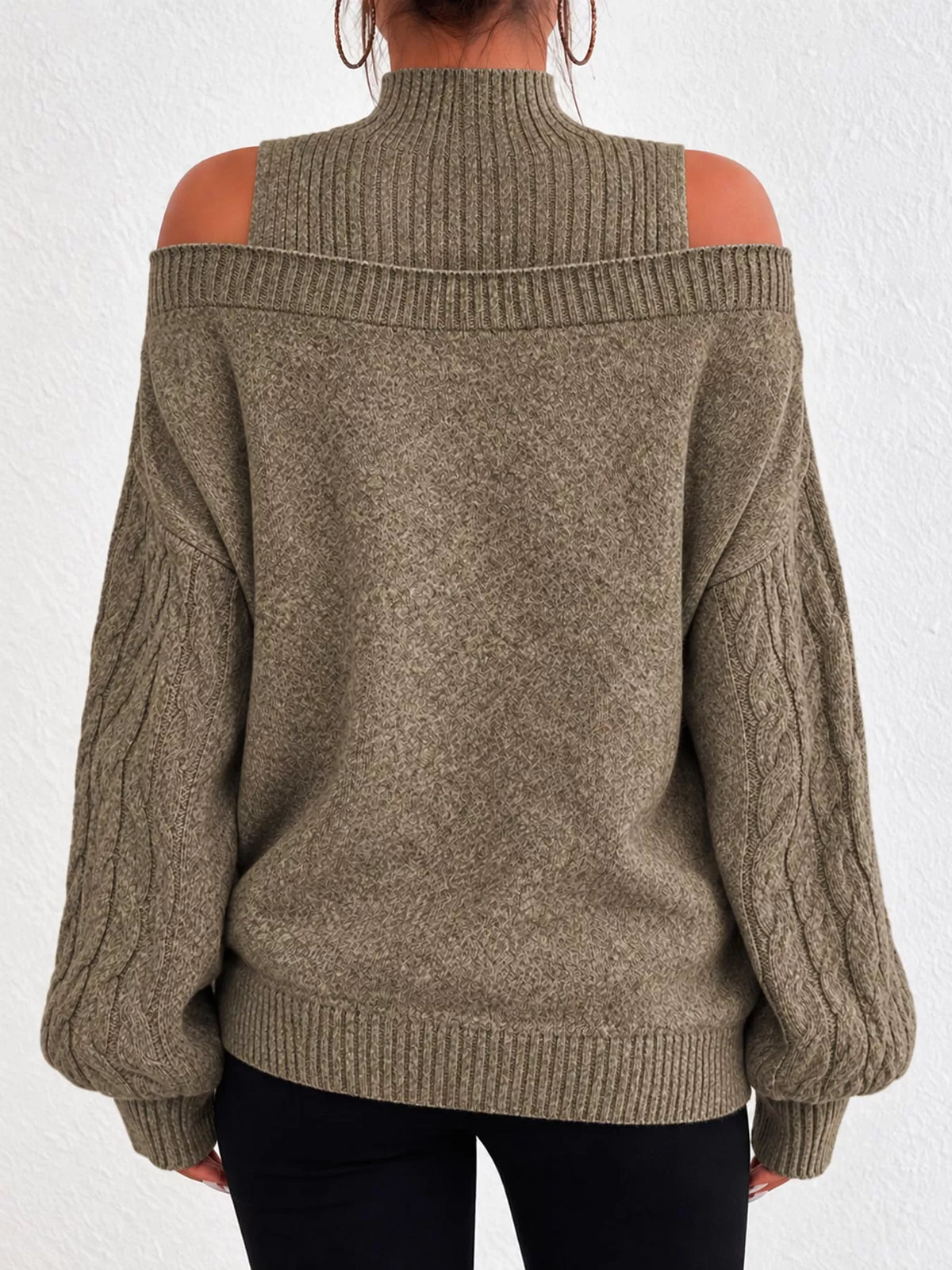 Full Size Cold Shoulder Mock Neck Cable Knit Sweater Plus Size