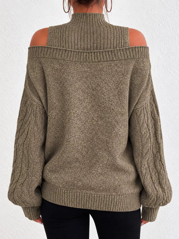 Full Size Cold Shoulder Mock Neck Cable Knit Sweater Plus Size
