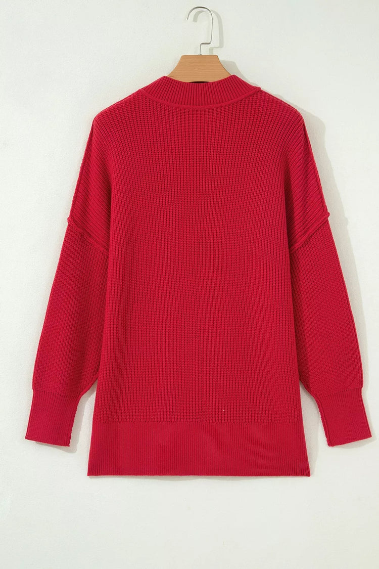 Long Sleeve Ribbed Knit Stand Neck Regular Fit Sweater