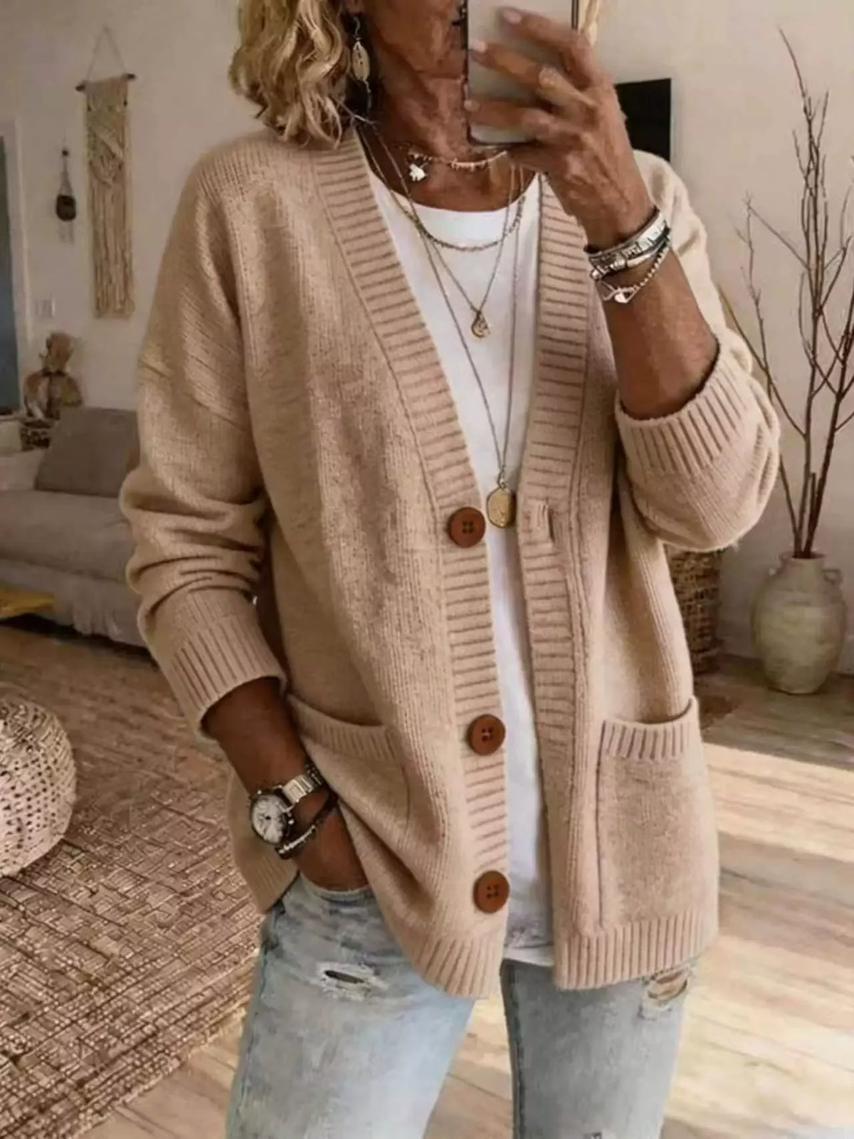 Casual V-Neck Button-Down Knit Cardigan with Pockets