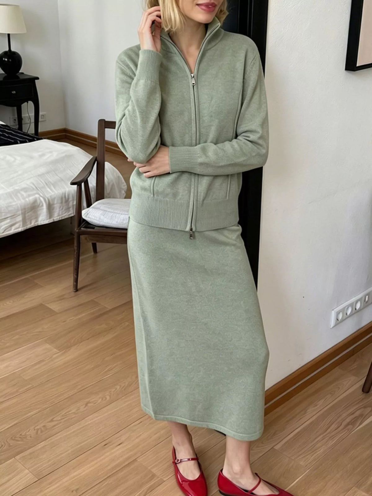 Zip-Up Mock Neck Cardigan and Matching Midi Skirt Sweater Set