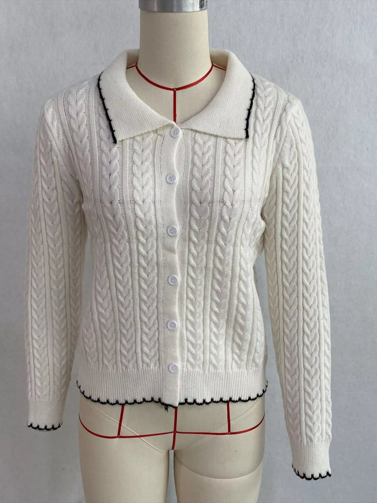 Cable Knit Polo Collar Button-Up Cardigan