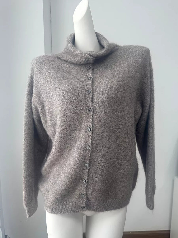Mock Neck Button-Down Fuzzy Knit Cardigan