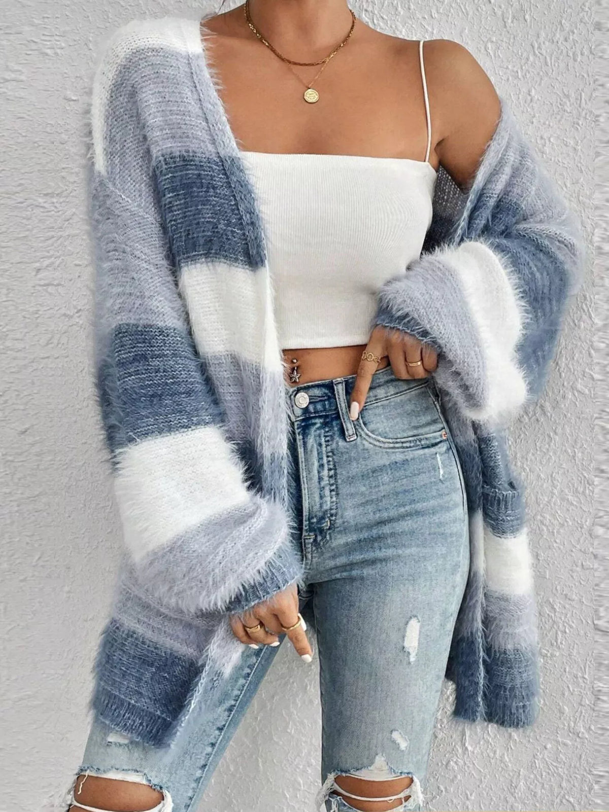 Striped Open Front Oversized Cardigan