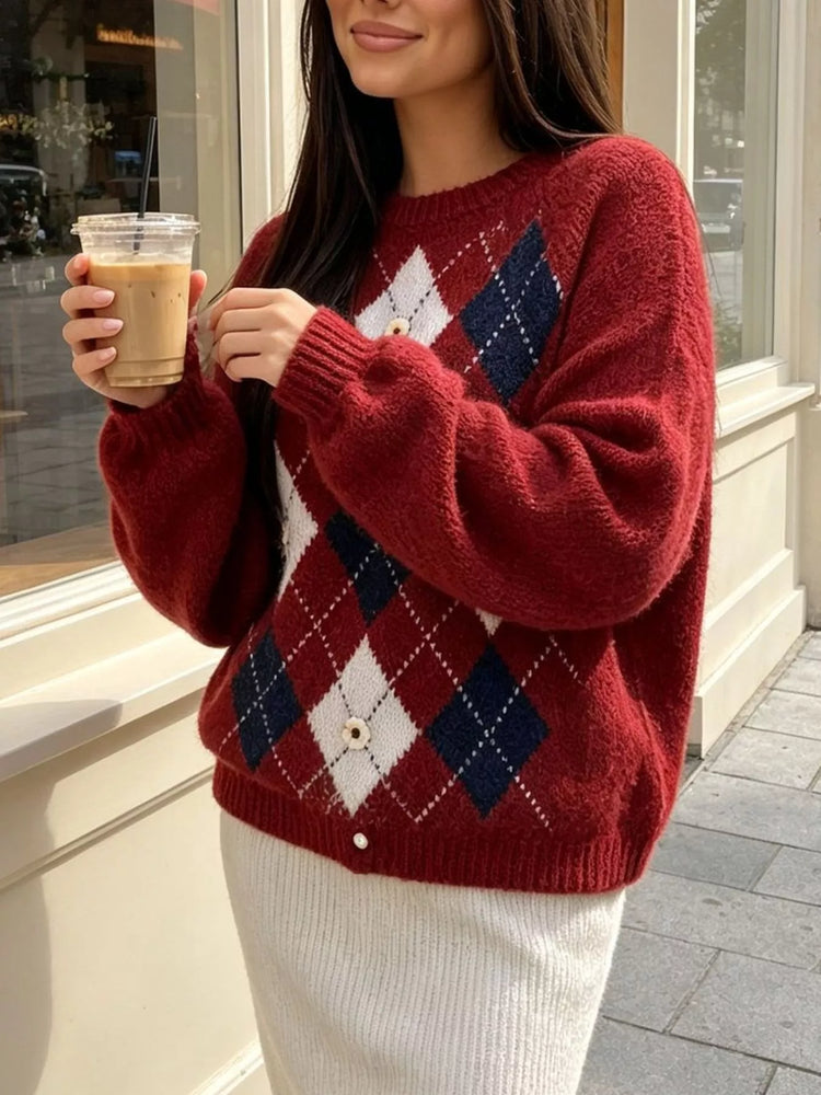 Argyle Pattern Raglan Sleeve Sweater