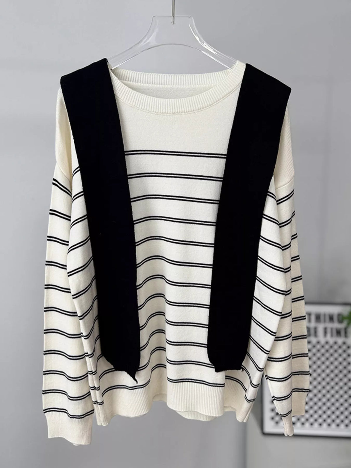 Classic Striped Crewneck Knit Top with Layered Sweater Detail