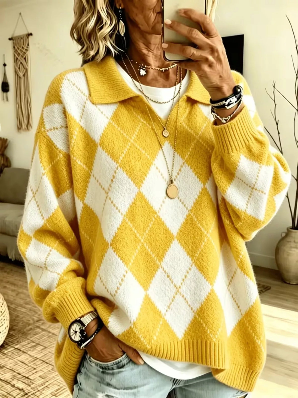 Argyle Pattern Collared Pullover Sweater