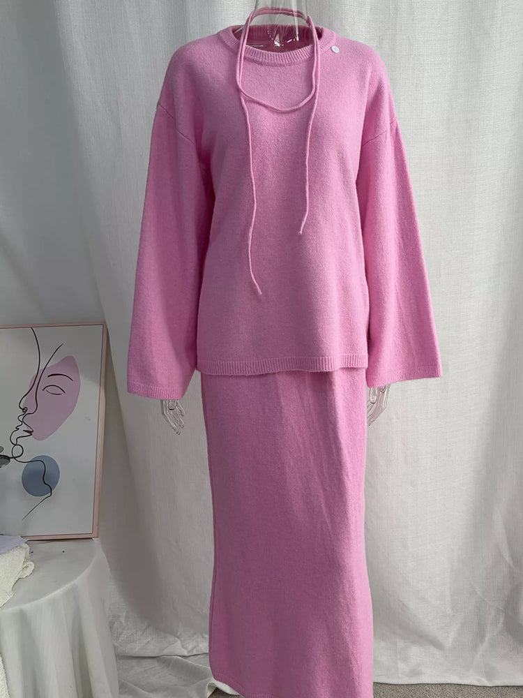Waist-Tie Detail Sweater and Maxi Skirt Set