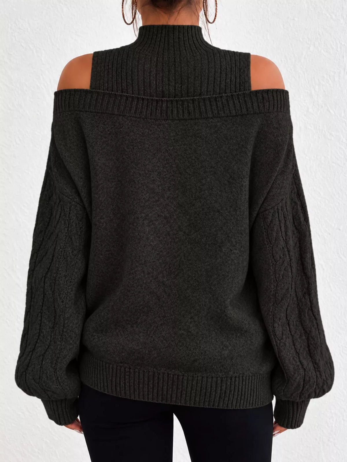 Full Size Cold Shoulder Mock Neck Cable Knit Sweater Plus Size