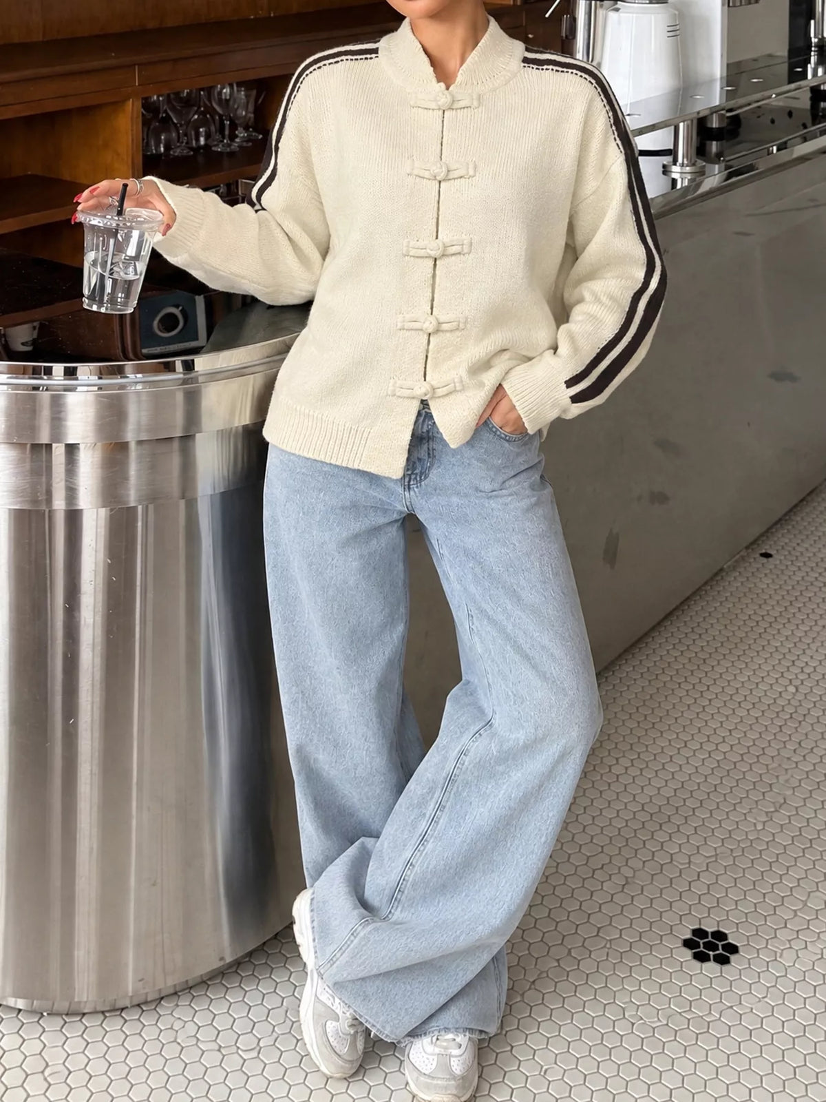 Chinese Knot Button Cardigan with Contrast Side Stripes