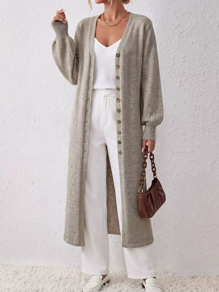Elegant Longline Button-Front Cardigan with Lantern Sleeves
