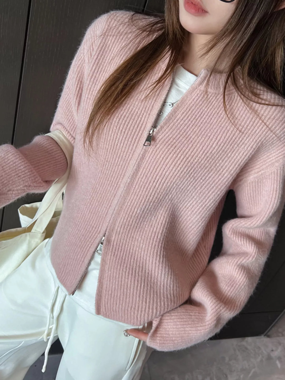 Zip Up Dropped Shoulder Cardigan