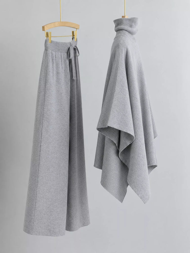 Elegant Turtleneck Poncho Sweater and Wide-Leg Knit Pants Set