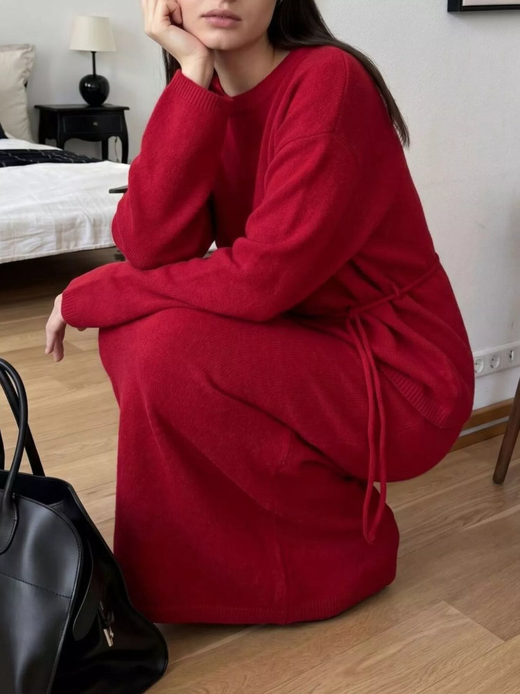Waist-Tie Detail Sweater and Maxi Skirt Set