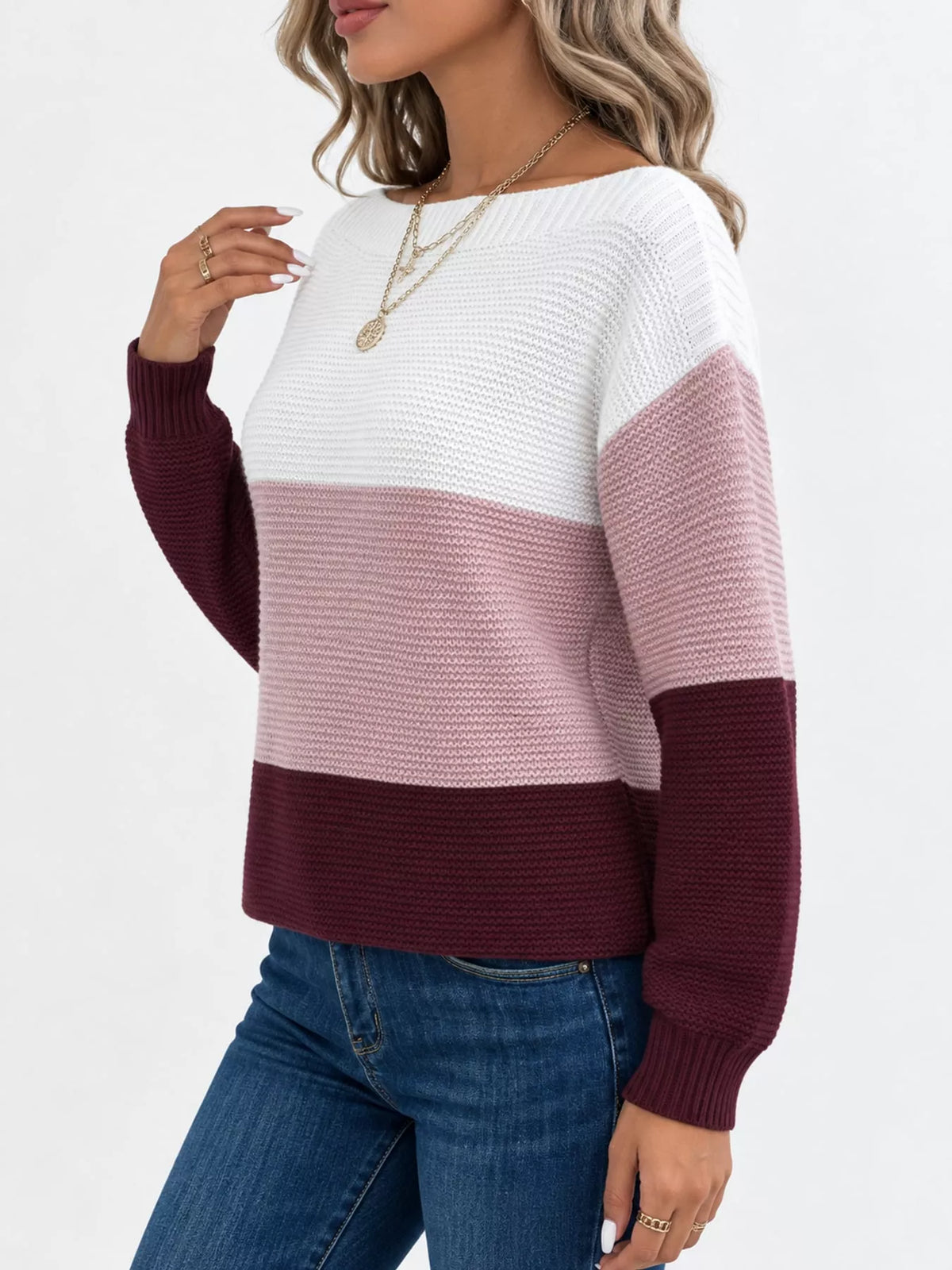 Full Size Color-Block Boat Neck Sweater Plus Size