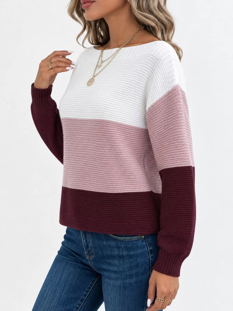Full Size Color-Block Boat Neck Sweater Plus Size