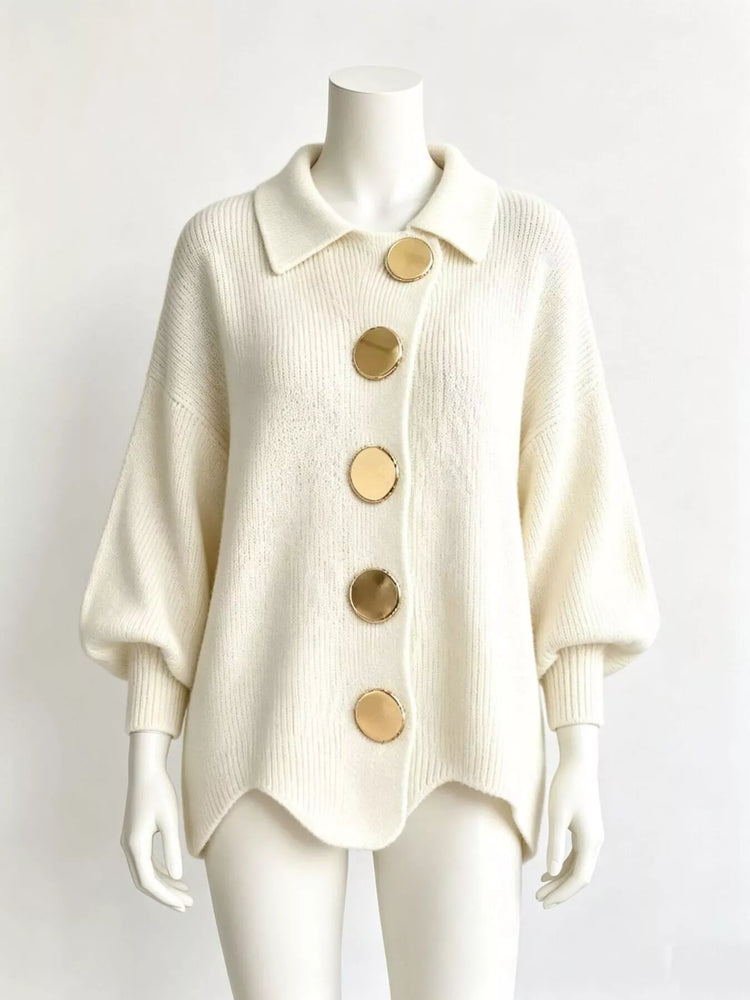 Full Size Collared Wavy Hem Knit Cardigan with Metal Button Plus Size
