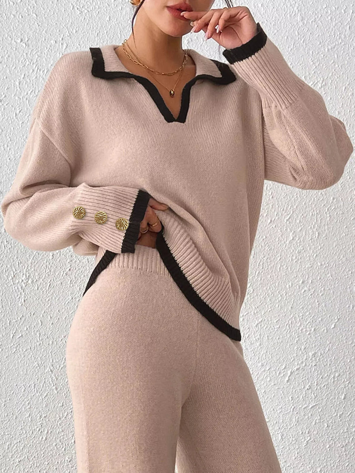 Contrast Trim Polo Collar Sweater