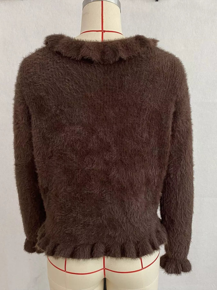 Soft Fuzzy Cardigan with Ruffled Collar and Pearl Buttons