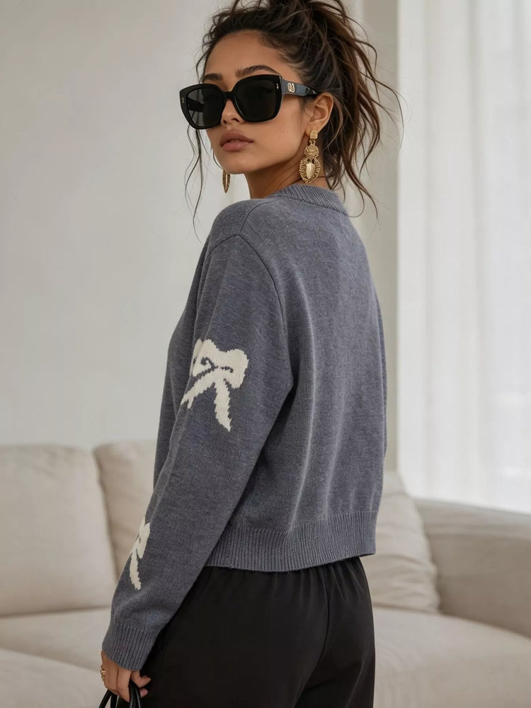 Floral Crew Neck Cropped Knit Cardigan