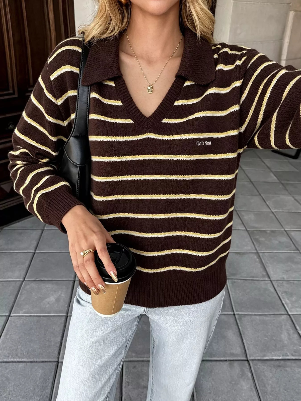 Vintage Striped Polo Collar Sweater