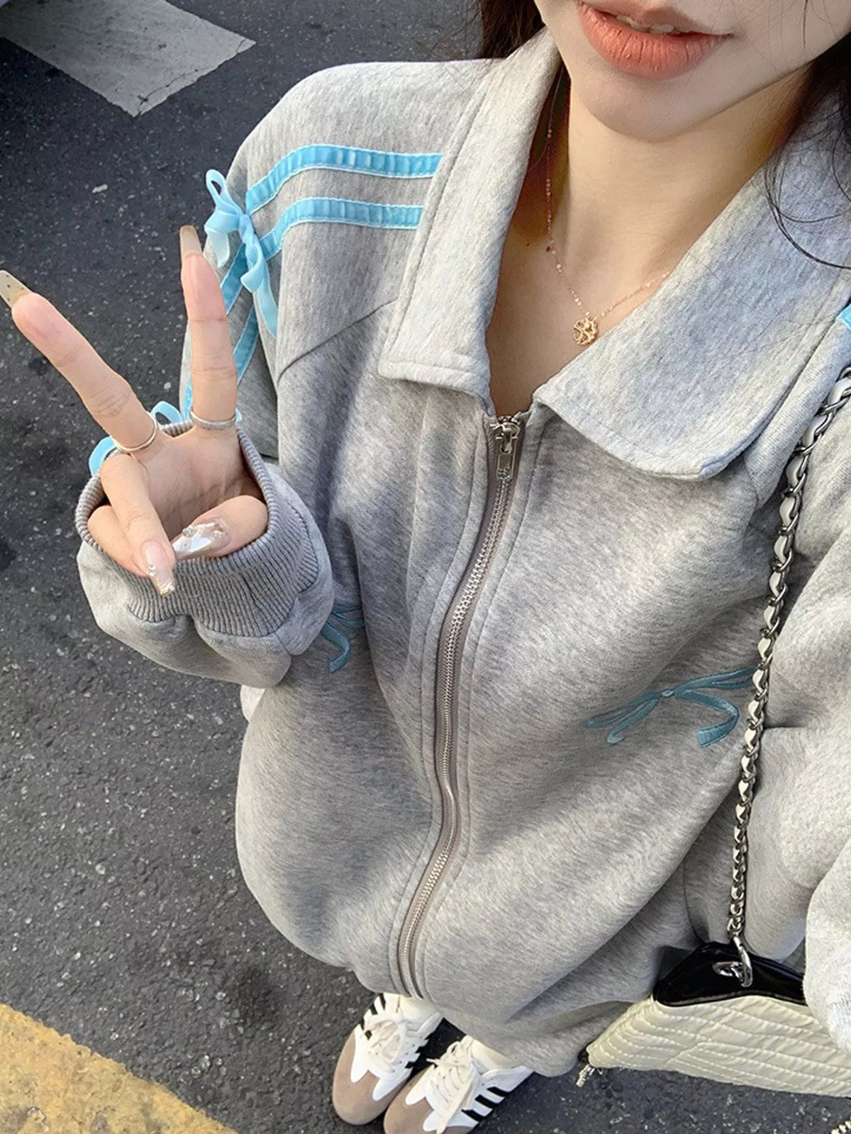 Bow Embroidered Zip-Up Sweatshirt