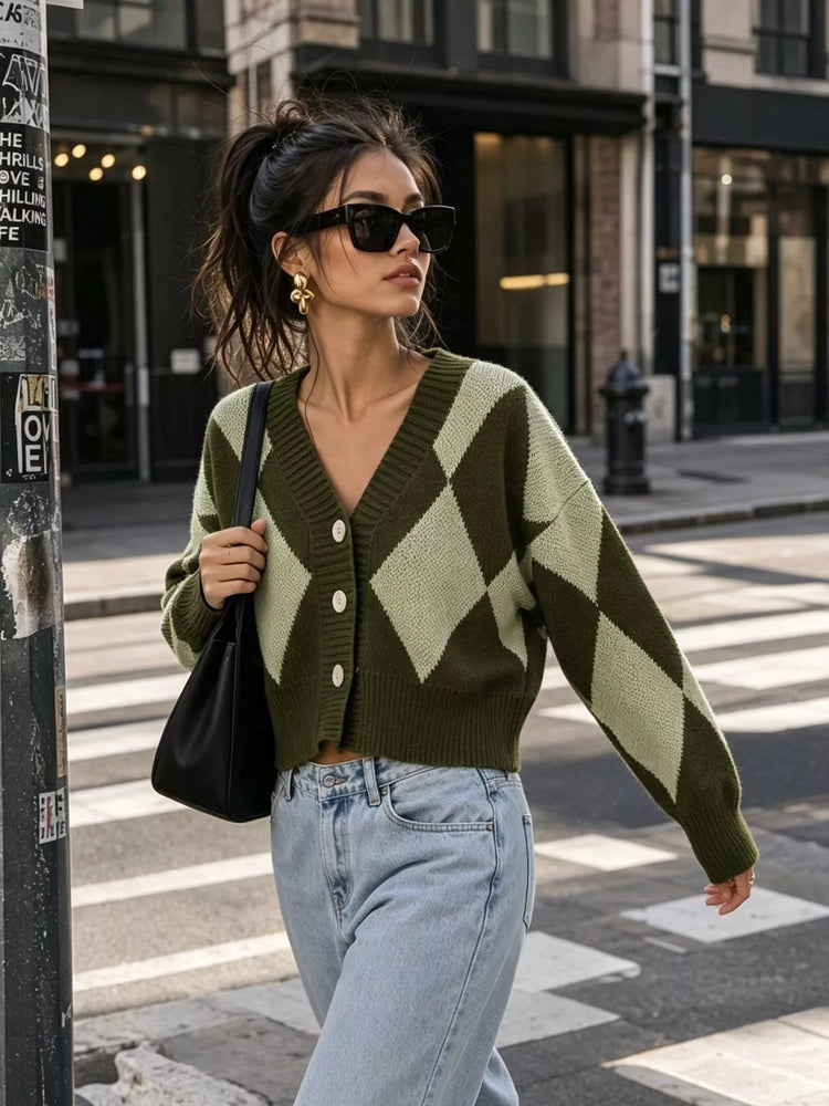 Argyle Pattern V-Neck Button-Down Cardigan