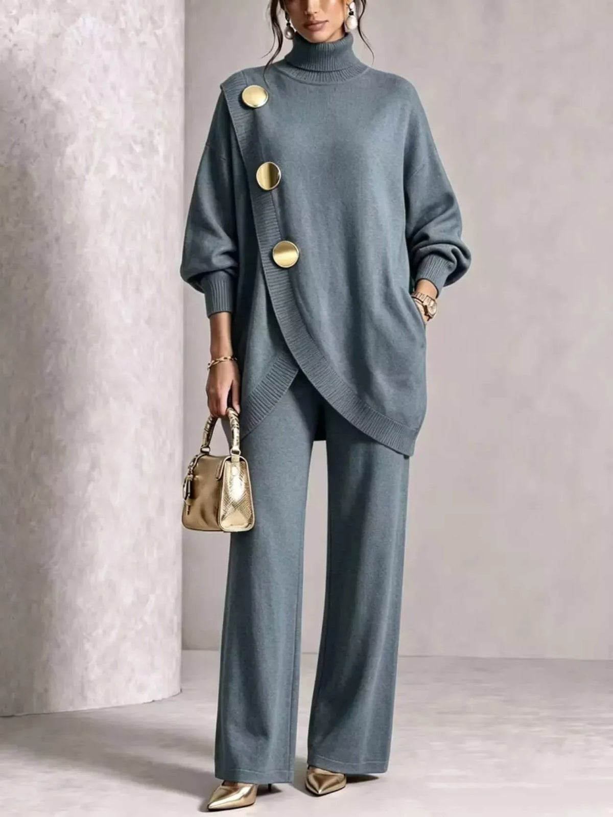 Full Size Elegant Turtleneck Asymmetric Button-Decorated Sweater and Pants Set Plus Size