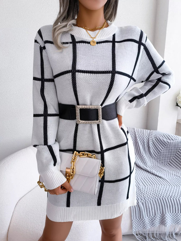 Plaid Pattern Long Sleeve Sweater Dress