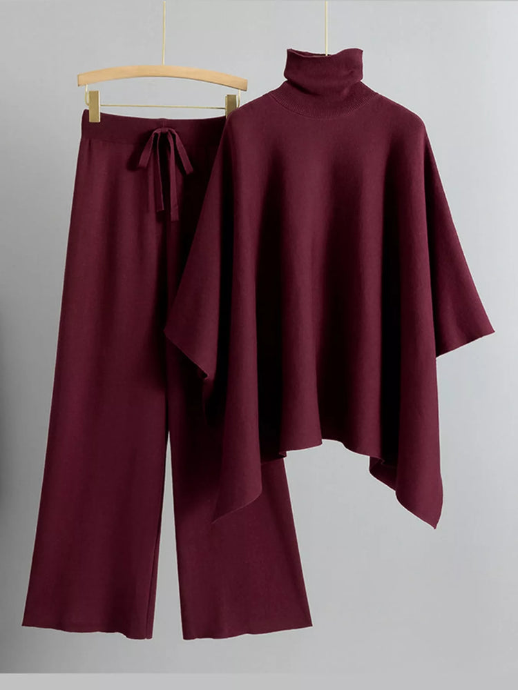 Elegant Turtleneck Poncho Sweater and Wide-Leg Knit Pants Set