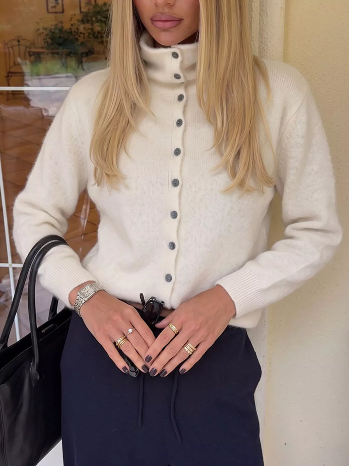 Mock Neck Button-Down Fuzzy Knit Cardigan