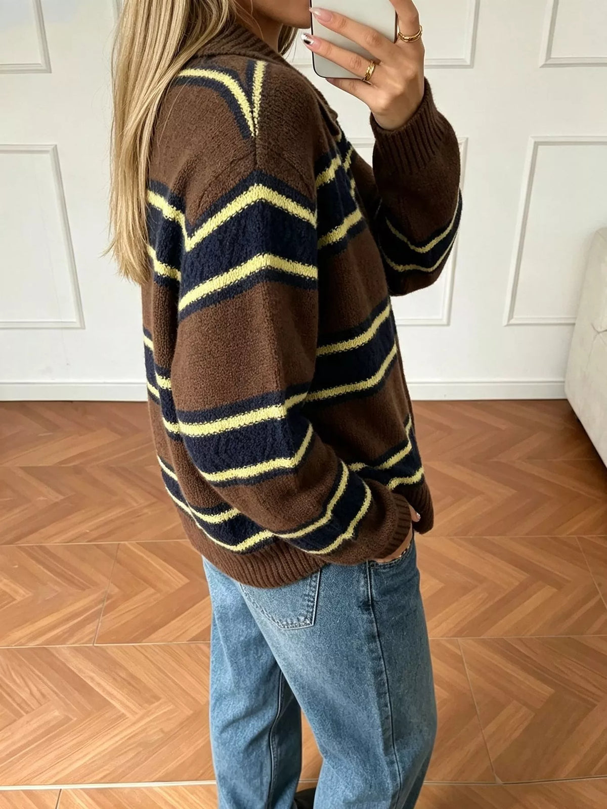 Vintage-Inspired Striped Knit Cardigan with Polo Collar
