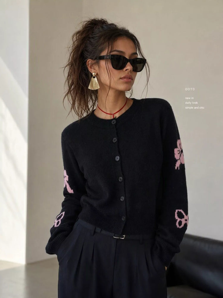 Floral Crew Neck Cropped Knit Cardigan