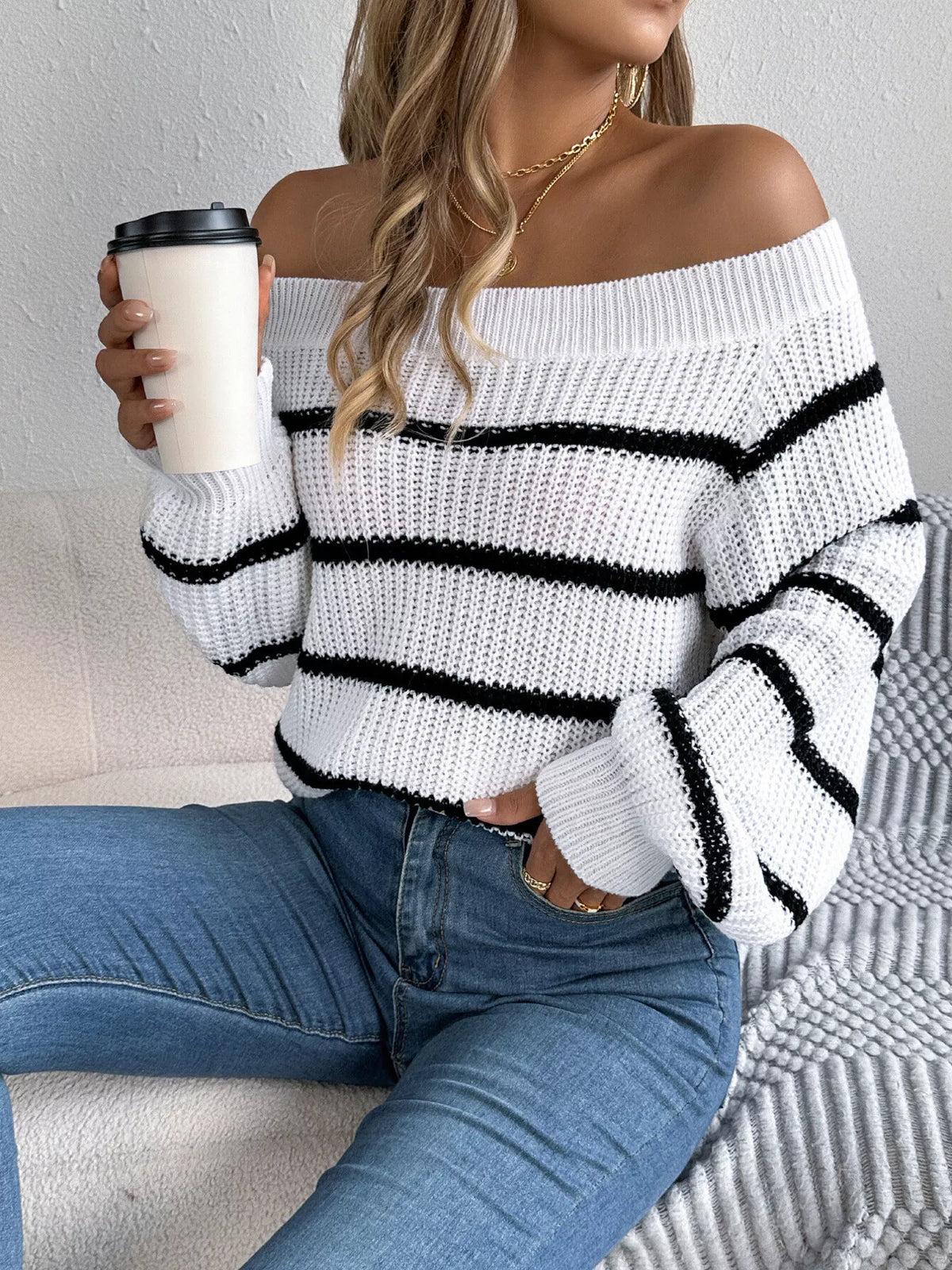 Off-Shoulder Striped Contrast Sweater