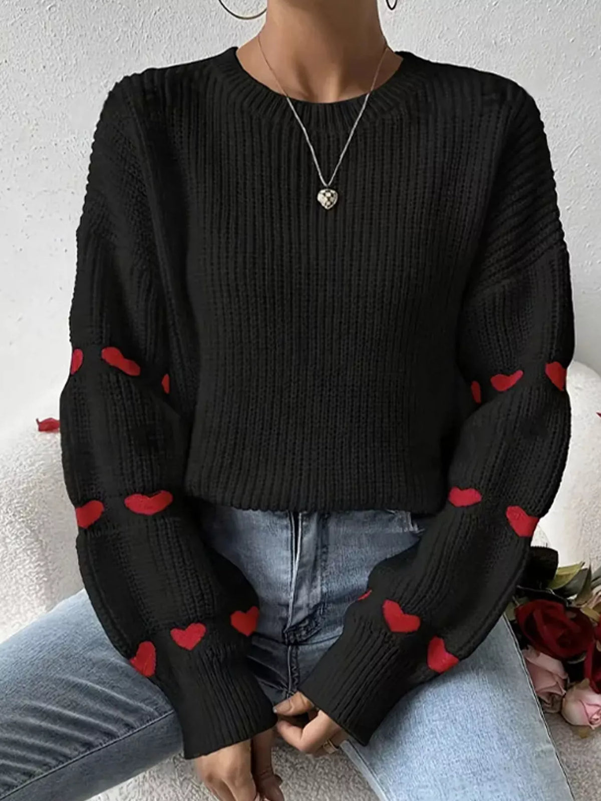 Heart Pattern Dropped Shoulder Sweater
